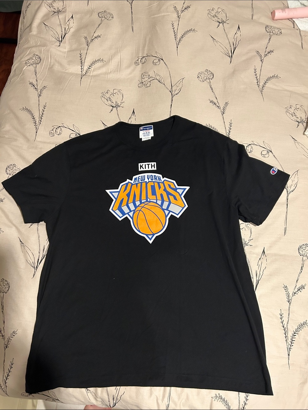 Kith Black Tee with Orange & Blue Knicks Logo